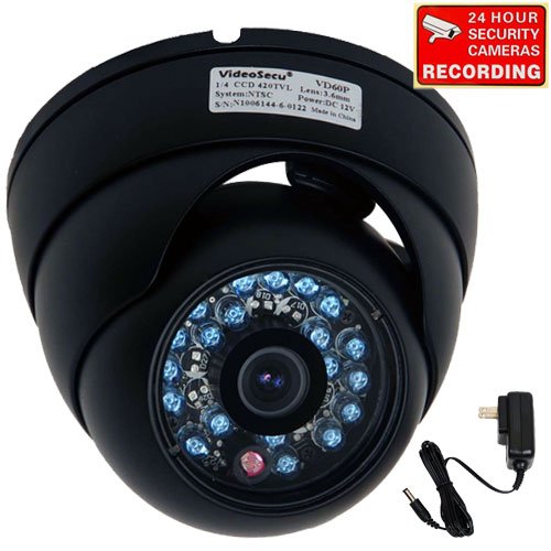 VideoSecu Day Night Vision Outdoor CCD CCTV Security Dome Camera Vandal-proof 3.6mm Wide View Angel Lens 420TVL with Free Power Supply 1Z0